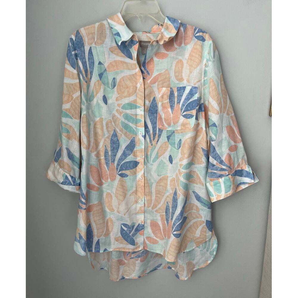Chico's No Iron Linen Tropical Leaf Print Tunic Blouse 3/4 Sleeves 16/18 (3) - Picture 2 of 11